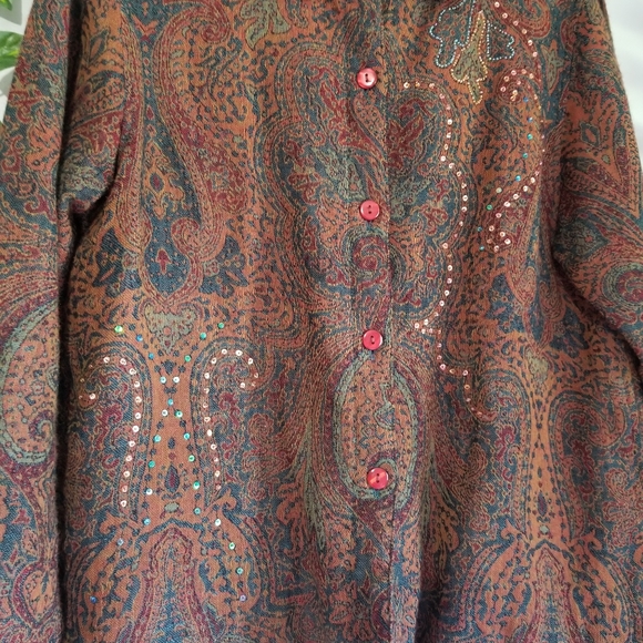 Coldwater Creek Womens Brown Paisley Sequin Button Down Jacket Collared … - Picture 3 of 9